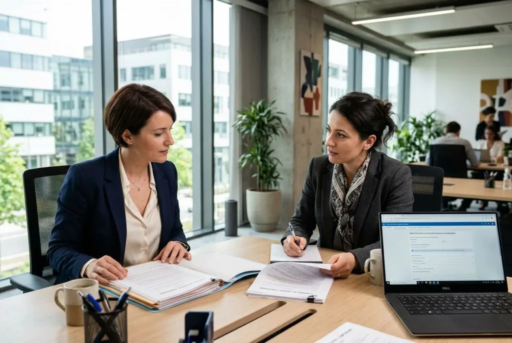 Deux professionnelles au bureau discutant autour de documents et d’un ordinateur portable, dans une ambiance collaborative. Détail des pages écrites et notes, avec tasse et matériel de bureau. Détachement entreprise de travail temporaire.