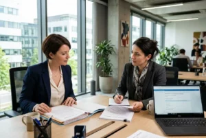 Deux professionnelles au bureau discutant autour de documents et d’un ordinateur portable, dans une ambiance collaborative. Détail des pages écrites et notes, avec tasse et matériel de bureau. Détachement entreprise de travail temporaire.