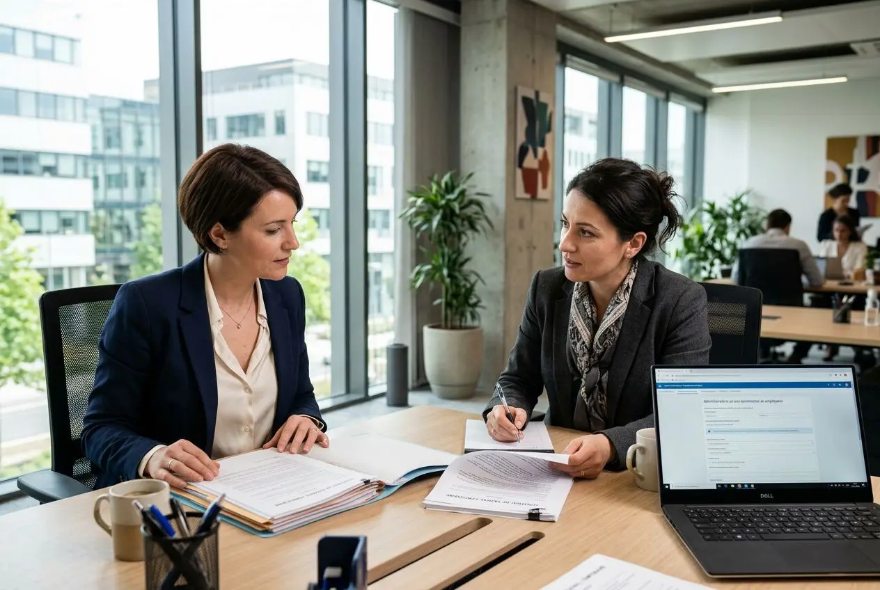 Deux professionnelles au bureau discutant autour de documents et d’un ordinateur portable, dans une ambiance collaborative. Détail des pages écrites et notes, avec tasse et matériel de bureau. Détachement entreprise de travail temporaire.