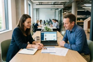 Deux professionnels discutent lors d’un entretien; écran d’ordinateur portable ouvert, documents et café sur la table, ambiance de recrutement temporaire.
