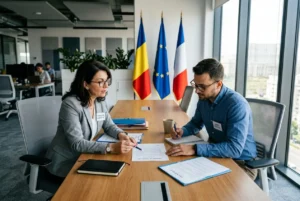 Deux professionnels discutent et signent des documents dans une salle de réunion, avec drapeaux européens en arrière-plan.