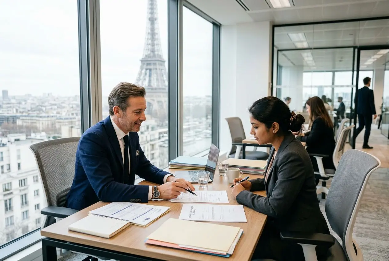 Deux professionnels en entretien près d’une fenêtre à Paris, documents et laptop ouverts, échange sur une autorisation de travail salarié détaché en france.