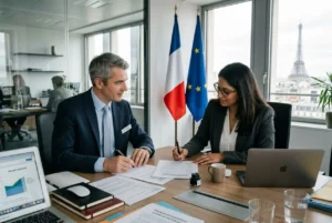 Deux professionnels signent des documents dans un bureau avec drapeaux France et UE en arrière-plan, planning et ordinateurs visibles. Formalités administratives travailleurs détachés.