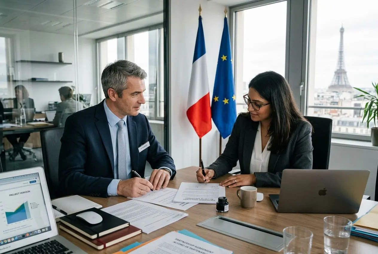 Deux professionnels signent des documents dans un bureau avec drapeaux France et UE en arrière-plan, planning et ordinateurs visibles. Formalités administratives travailleurs détachés.