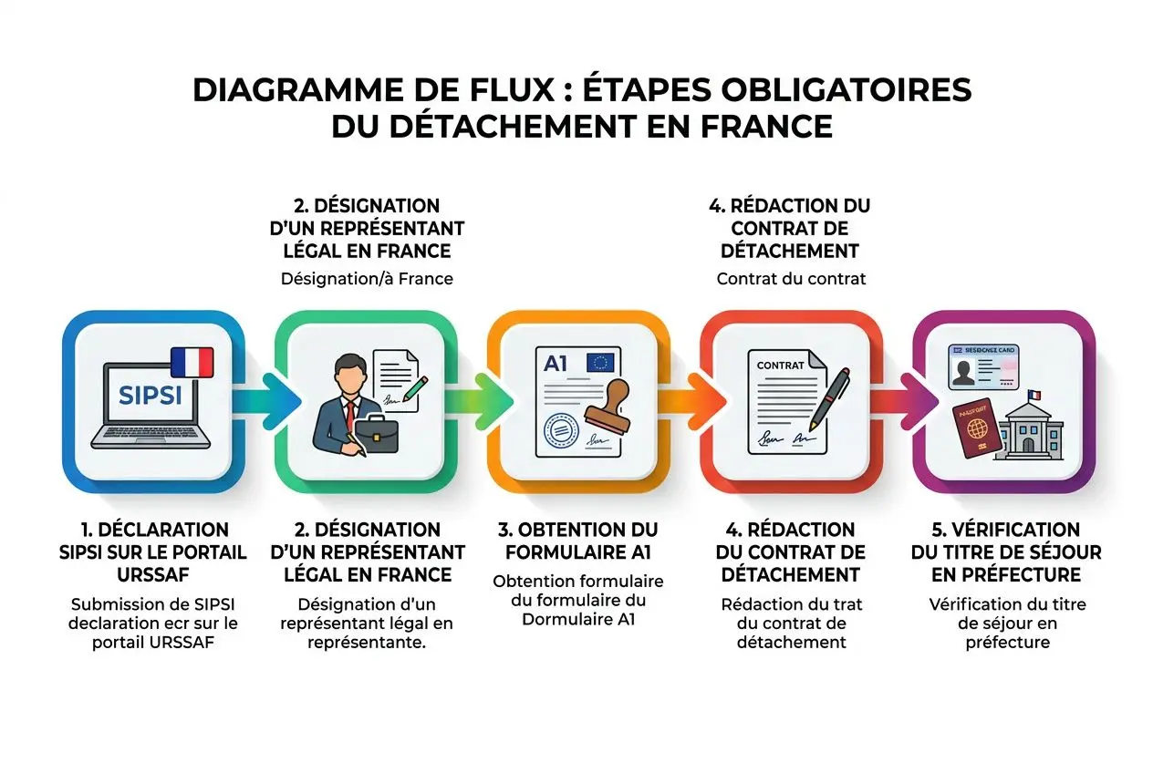 Diagramme de flux des étapes obligatoires du détachement en France, illustrant la procédure jusqu’à la vérification du séjour en préfecture. Incorporation implicite de l’autorisation de travail salarié détaché en France.