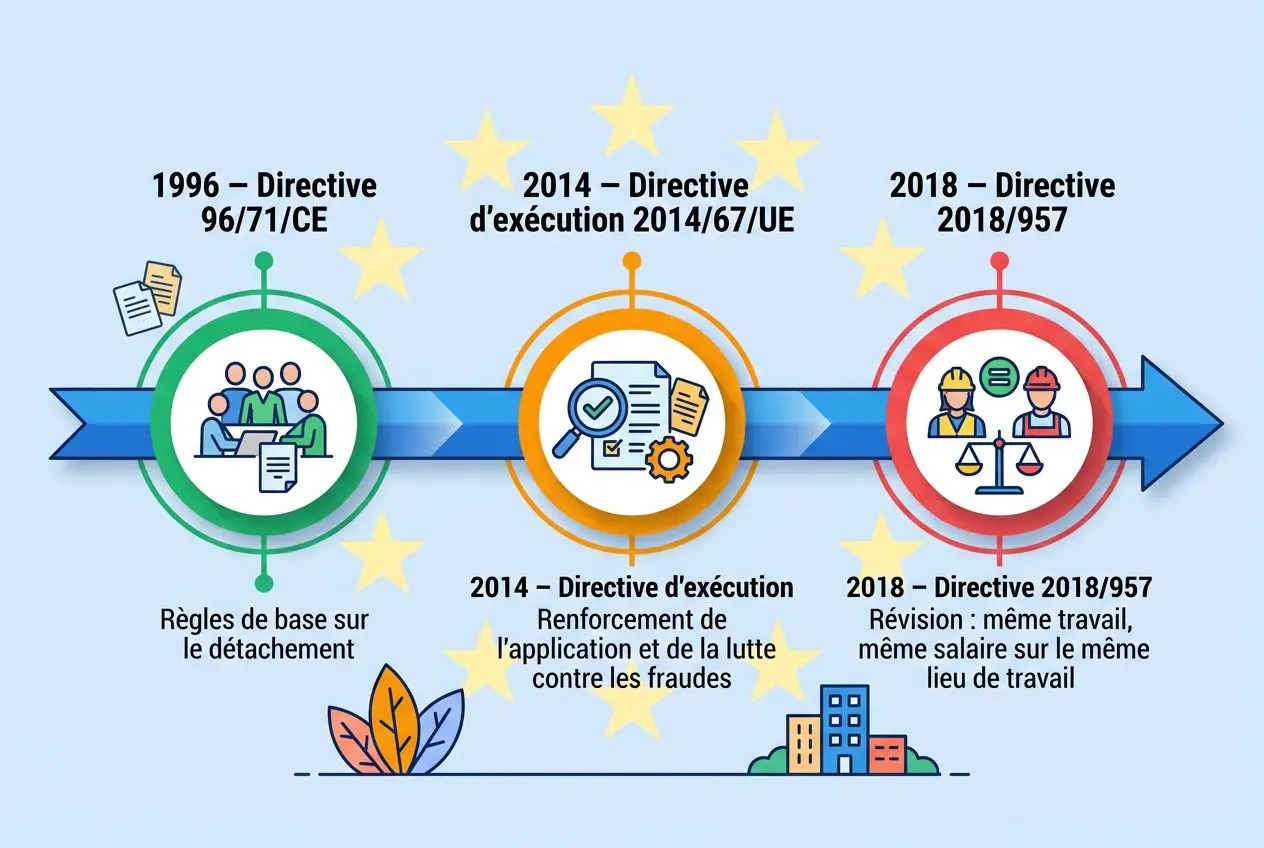 Directive travailleurs détachés : schéma illustrant les évolutions 1996, 2014 et 2018 de la législation européenne et les règles de détachement.