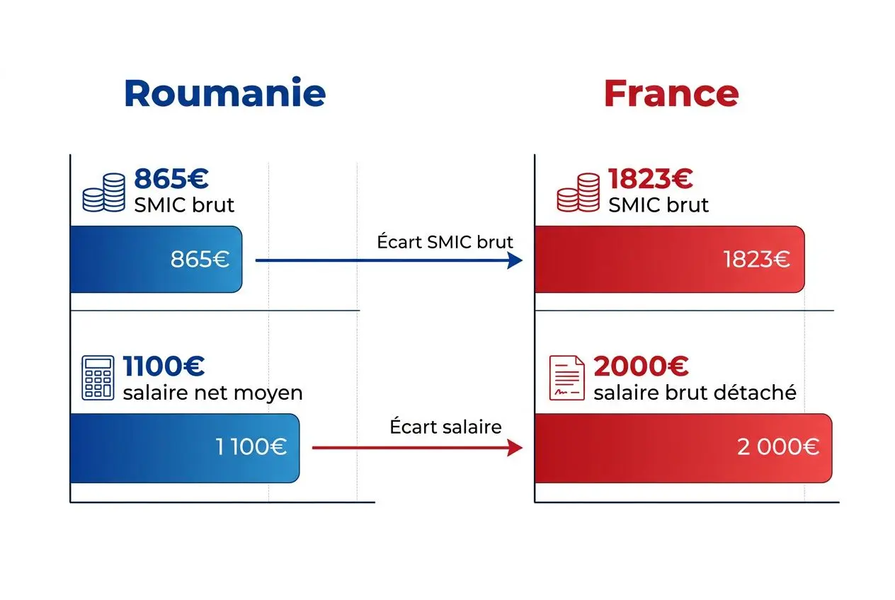 Écart de salaire entre Roumanie et France: SMIC brut 865€ vs 1823€; salaire net moyen 1100€ vs 2000€ débouchant sur un écart salarial. Mot-clé intégré: salaire moyen d'un roumain en france.