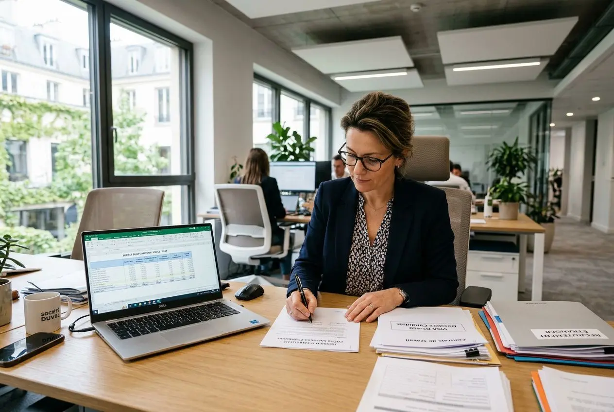 Femme en costume rédigeant des documents administratifs sur un bureau, avec un ordinateur portable et piles de papiers dans un espace de bureau ouvert. coessential: coût d'embauche d'un salarié étranger en france.