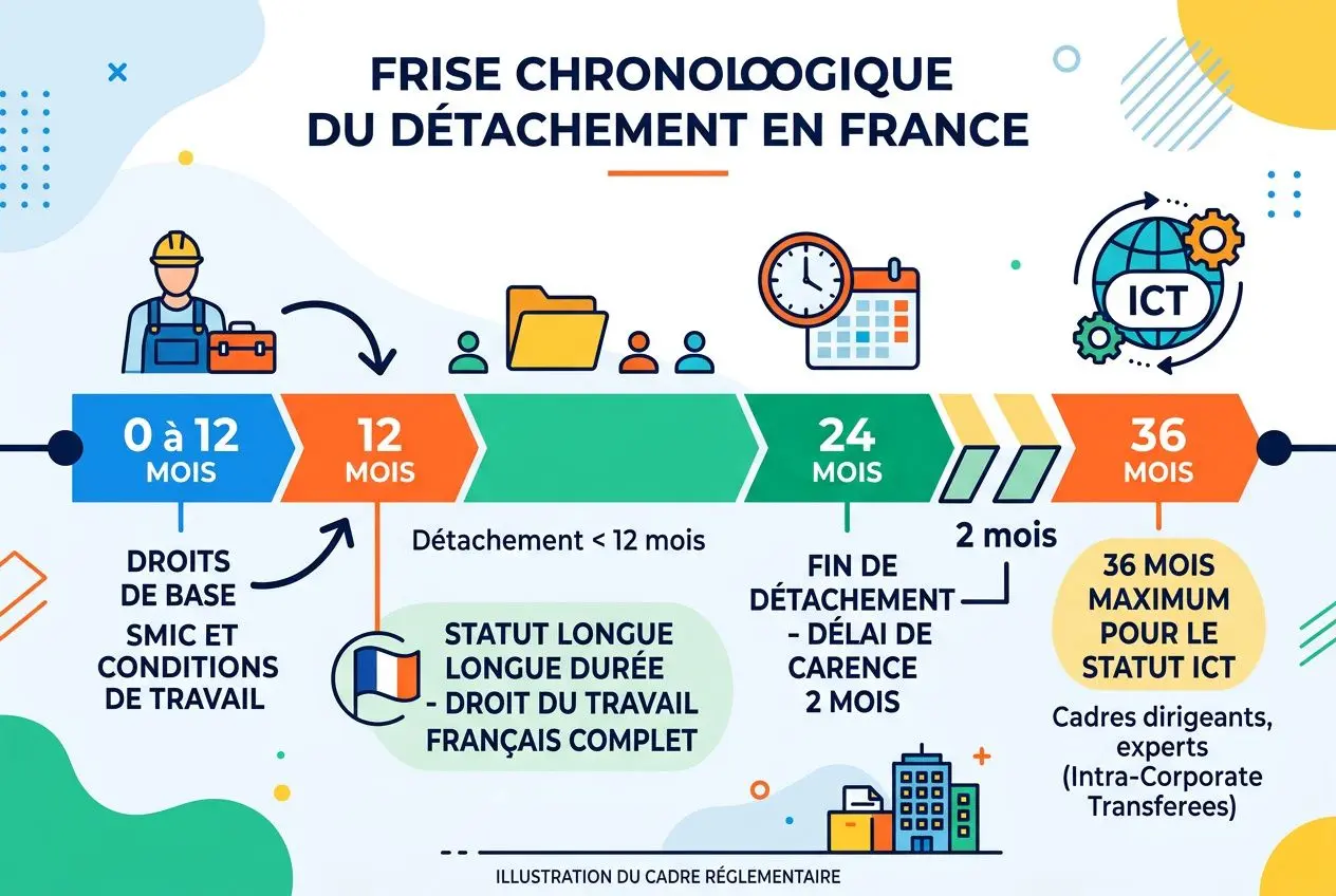 Frise chronologique du détachement en France avec les étapes 0-12 mois, 12 mois, 24 mois et 36 mois, cadre administratif et obligations. Autorisation de travail salarié détaché en France.