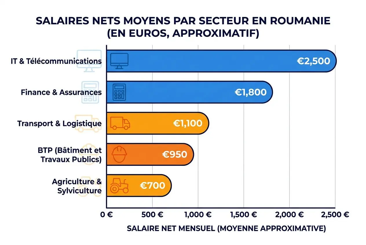 Graphique montrant les salaires nets moyens par secteur en Roumanie (en euros approximatifs): IT et Télécommunications 2 500 €, Finance & Assurances 1 800 €, Transport & Logistique 1 100 €, BTP 950 €, Agriculture & Sylviculture 700 €.