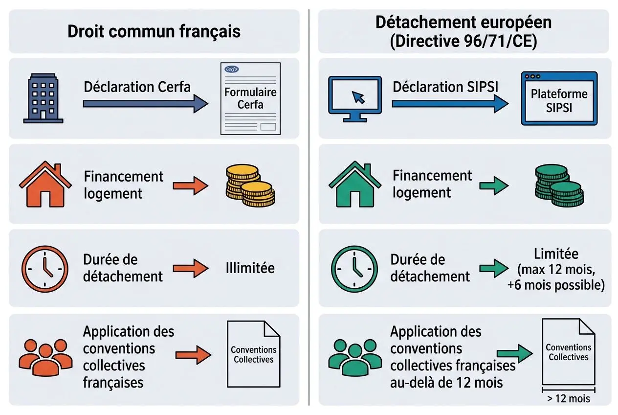 Infographie en deux colonnes sur l’hébergement travailleurs saisonniers: pictos et flèches illustrant démarches admin, financement logement, durée de détachement et conventions collectives, avec droit commun vs détachement européen. intégration du mot-clé: hébergement travailleurs saisonniers.