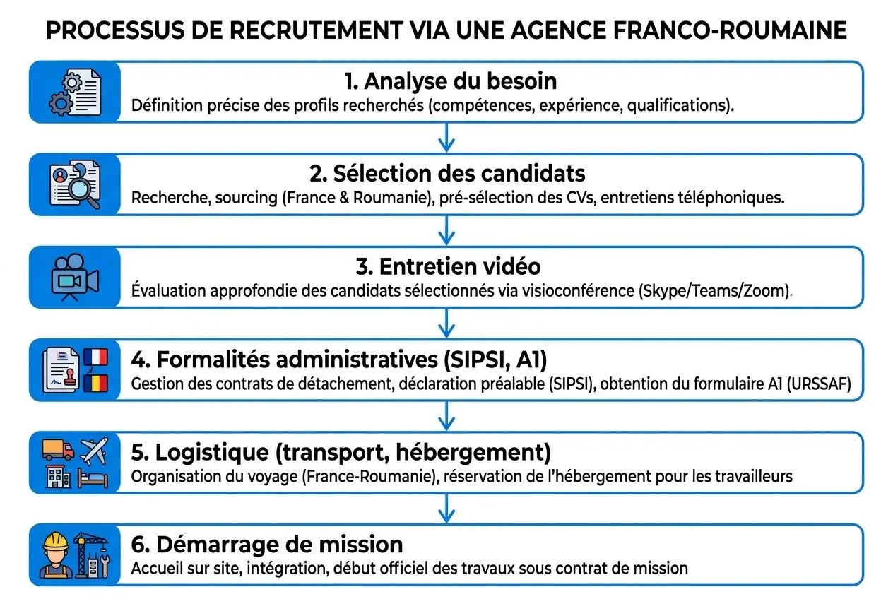 Processus de recrutement via une agence franco-roumaine pour travailleurs roumains qualifiés en France.