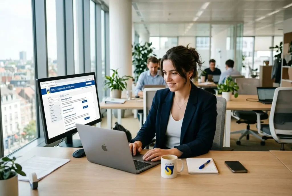 Une professionnelle travaille sur un ordinateur portable dans un bureau lumineux, affichage EURES à l'écran; tasse EURES et notes sur le bureau. eures europa eu offre emploi intégré naturellement.