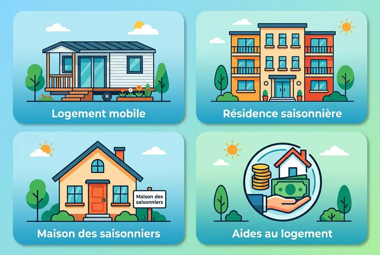 Quatre vignettes illustrées liées à l’hébergement travailleurs saisonniers : logement mobile, résidence saisonnière, maison des saisonniers et aides au logement.
