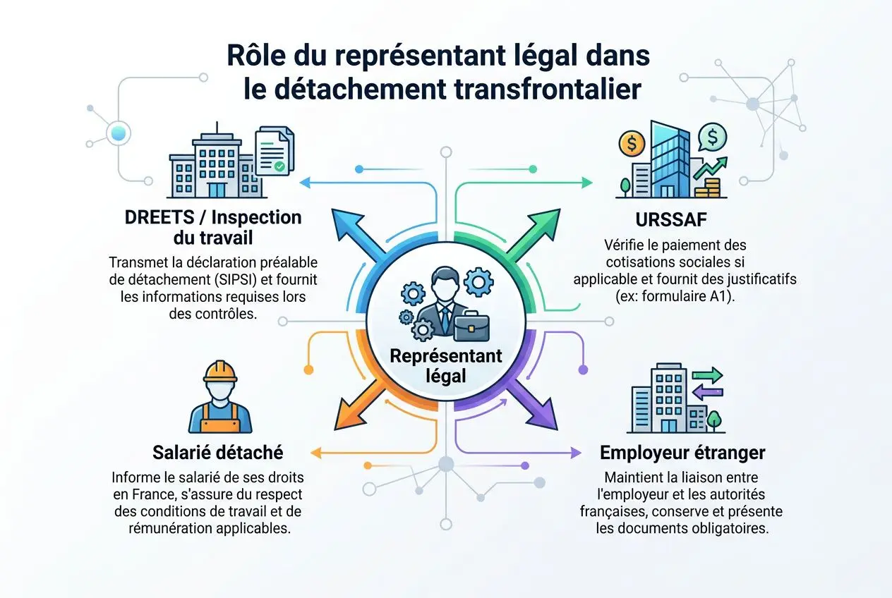 Rôle du représentant légal dans le détachement transfrontalier: schéma montrant les acteurs et les flux de procédures.