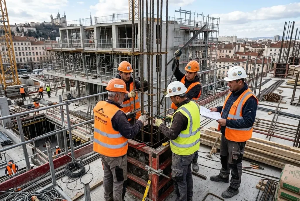 Travailleurs roumains qualifiés en France sur un chantier, équipés de gilets orange et casques, discutant autour des plans et de la sécurité.