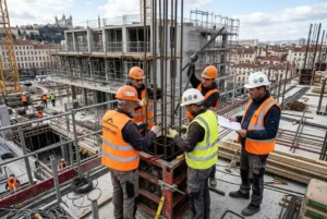 Travailleurs roumains qualifiés en France sur un chantier, équipés de gilets orange et casques, discutant autour des plans et de la sécurité.