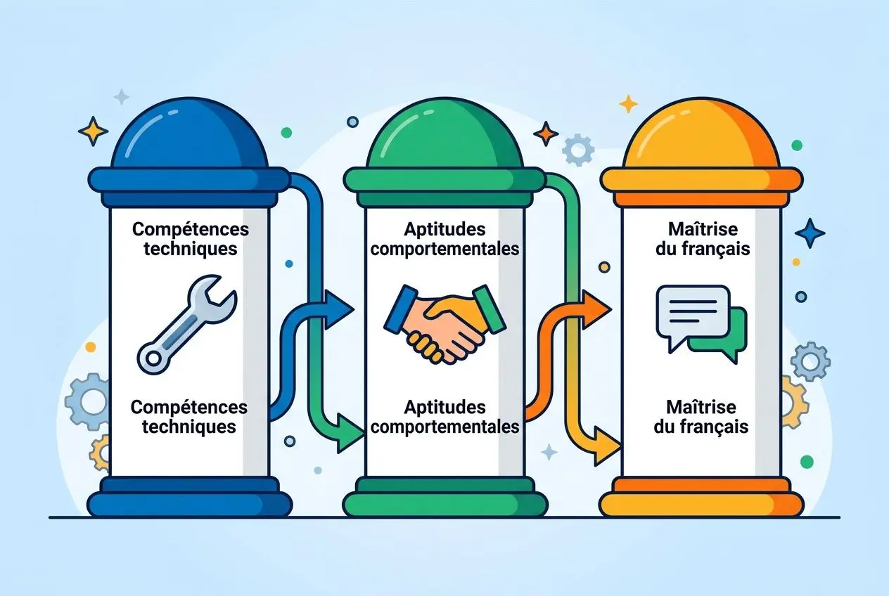 Trois cuves connectées illustrant le recrutement: compétences techniques, aptitudes comportementales et maîtrise du français, avec flèches indiquant progression et intégration.