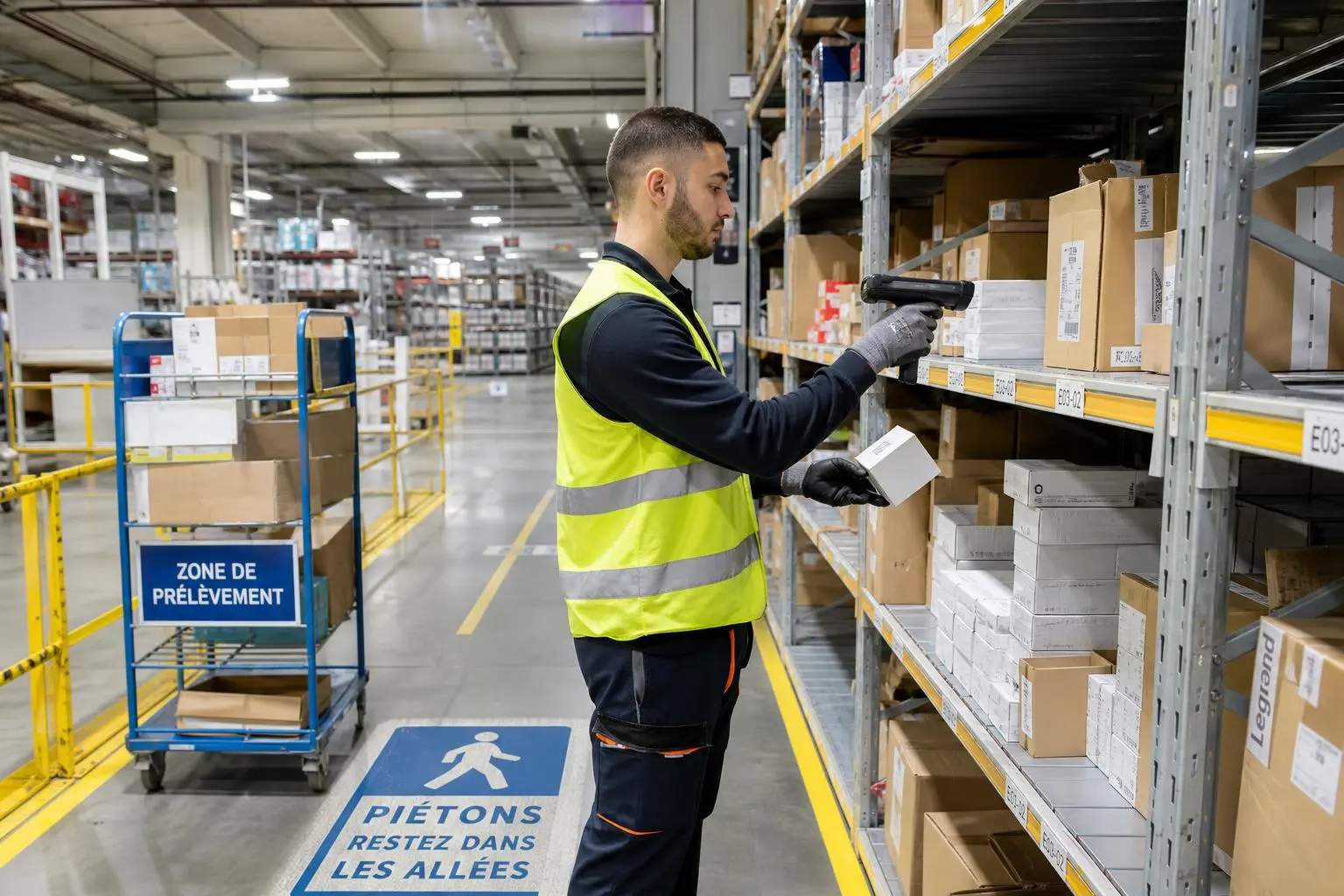 Agent logistique en zone d’expédition, vérifiant des colis sur des rayonnages avec un gilet réfléchissant. Compétences professionnelles logistique mises en pratique.