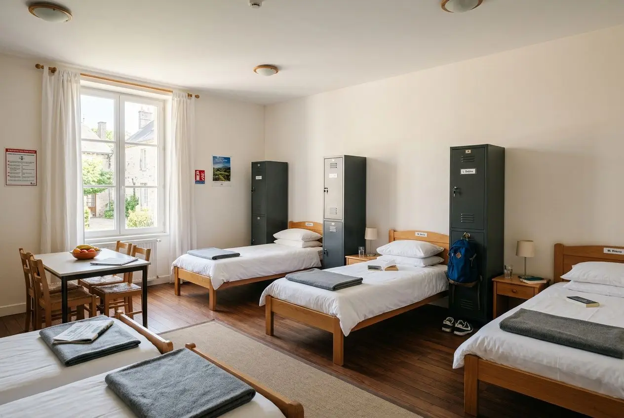 Chambre commune pour travailleurs avec lits simples, casiers, tables, chaises et fenêtre lumineuse; ambiance simple et fonctionnelle. Hébergement travailleurs saisonniers roumais intégré.