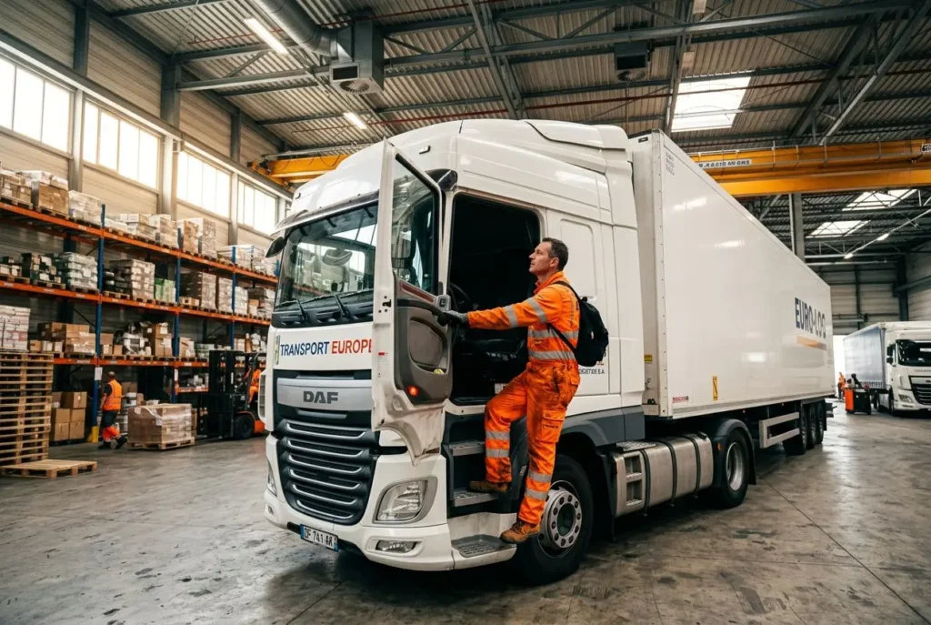 Chauffeur en tenue orange monte dans un camion de transport routier dans un entrepôt logistique, près des rayonnages. agence intérim transport routier.