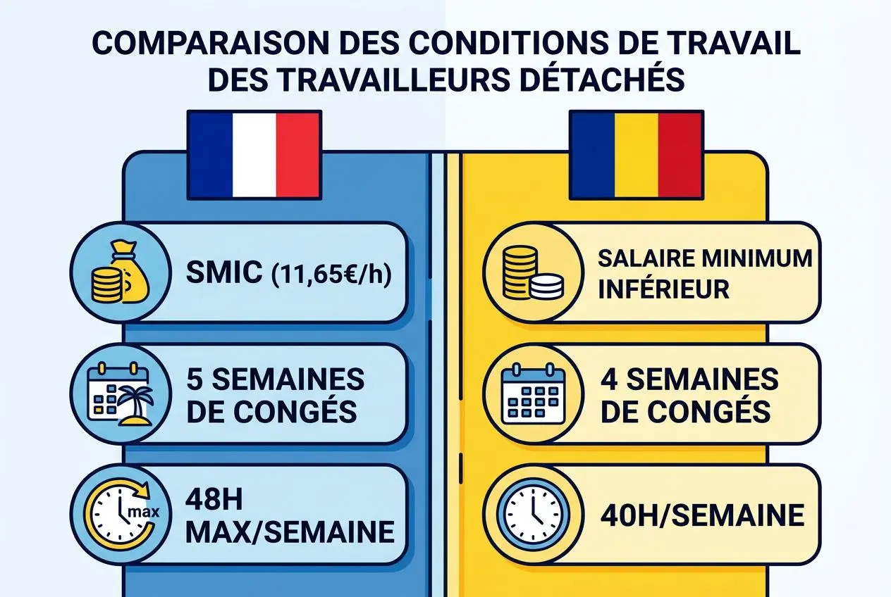 Comparaison des conditions de travail des travailleurs détachés, avec drapeaux France et Roumanie et infos sur SMIC, congés et heures max par semaine.