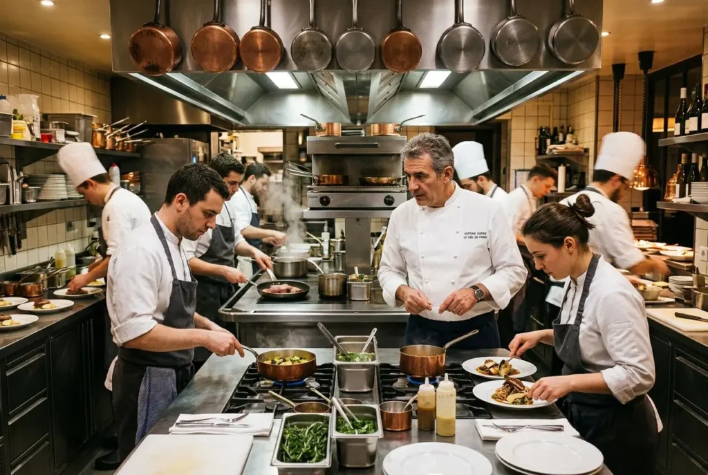 Cuisine professionnelle en service avec chefs et commis préparant plats, cuisson et dressage dans une brigade. agence intérim hôtellerie restauration intégrée.
