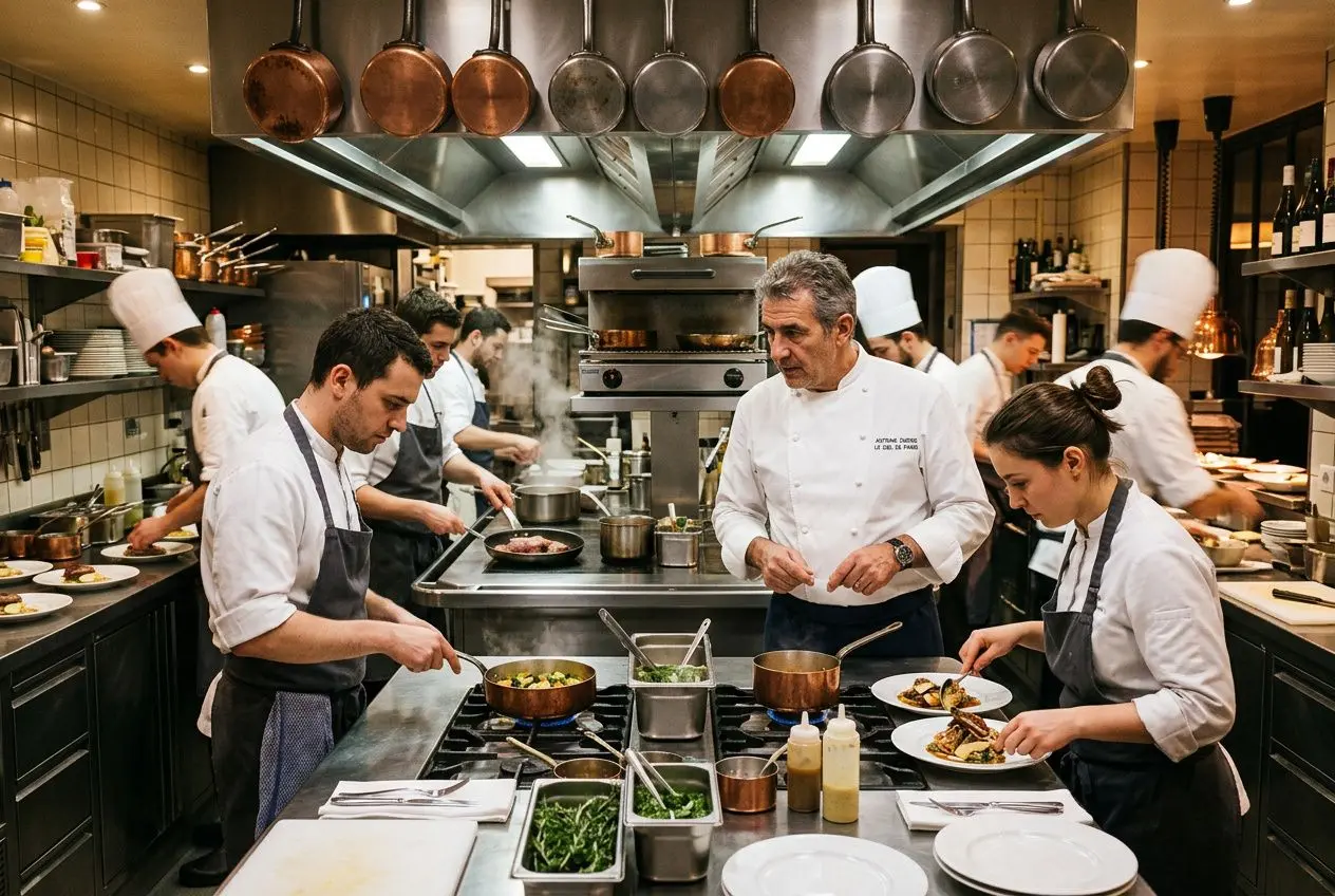 Cuisine professionnelle en service avec chefs et commis préparant plats, cuisson et dressage dans une brigade. agence intérim hôtellerie restauration intégrée.