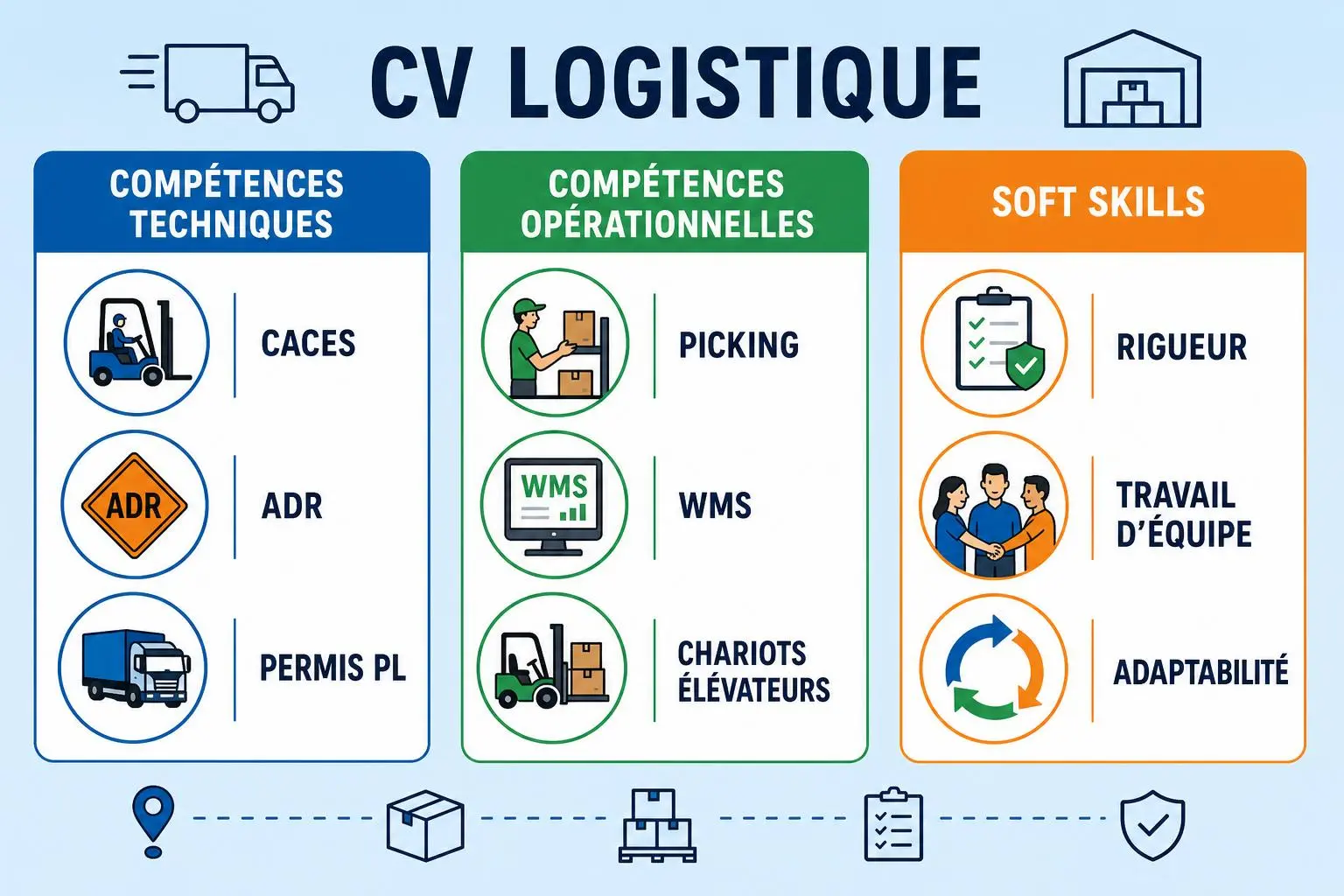 CV logistique affichant les compétences techniques, opérationnelles et soft skills, avec icônes (chariots, ADR, WMS, picking, rigueur, travail d’équipe, adaptabilité) et intitulé “Compétences professionnelles logistique”.