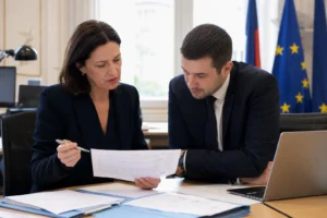 Deux professionnels examinent des documents sur une table, avec un ordinateur portable ouvert et des drapeaux en arrière-plan. Ils discutent et prennent des notes. Salarié détaché en France cotisations sociales est illustré par l’échange autour des formulaires.