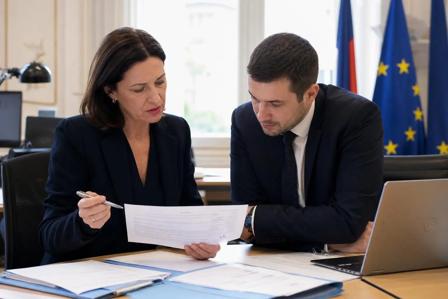 Deux professionnels examinent des documents sur une table, avec un ordinateur portable ouvert et des drapeaux en arrière-plan. Ils discutent et prennent des notes. Salarié détaché en France cotisations sociales est illustré par l’échange autour des formulaires.