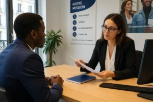 Deux professionnels lors d’un entretien en agence: une femme en veste noire remet des documents au travailleur étranger, ambiance bureautique et mission affichée en arrière-plan.