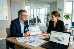 Deux professionnels en réunion autour de documents et graphiques, discutant de besoins en main-d'œuvre France Travail. Un laptop affiche des graphiques, ambiance bureautique. près d’eux, panneau France Travail et plantes d’intérieur. texte intégré: besoin en main-d'œuvre france travail.