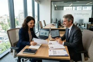 Deux professionnels en réunion dans un bureau moderne, échangeant des documents et des graphiques, avec des ordinateurs portables ouverts. agence intérim roumanie france.