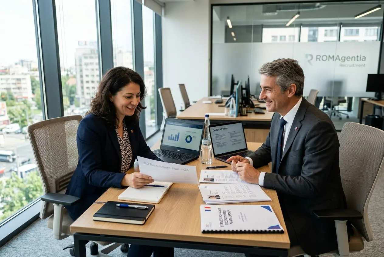 Deux professionnels en réunion dans un bureau moderne, échangeant des documents et des graphiques, avec des ordinateurs portables ouverts. agence intérim roumanie france.