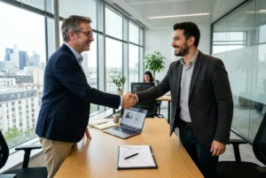Deux professionnels se serrant la main dans un bureau lumineux, documents et ordinateur sur une table, ambiance professionnelle. Embaucher légalement un roumain en france, vue d’ensemble.