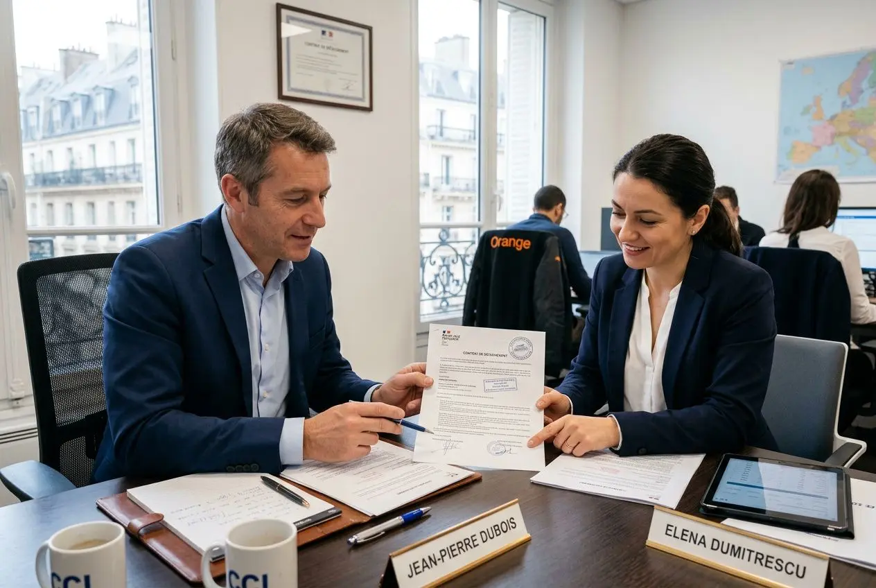 Deux professionnels signent un document lors d'une réunion de travail, échange souriant; nommés Jean-Pierre Dubois et Elena Dumitrescu visibles sur les socles.