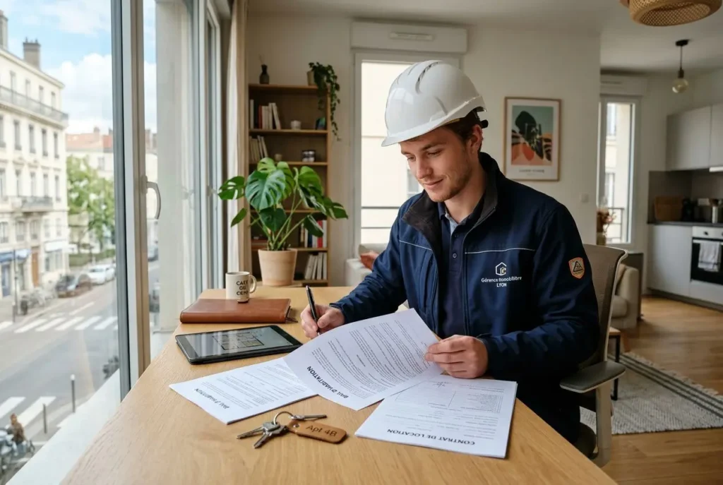 Homme en casque de chantier signe des documents chez lui, près d’un plan de travail avec clés et tablette. Environnement lumineux et cadre domestique. Trouver un logement pour interimaire intégré naturellement.