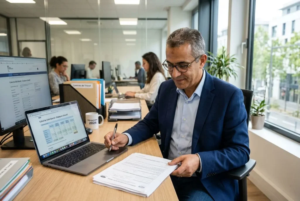 Homme d’affaires en veste bleue signe des documents devant ordinateur, bureau et collègues au fond, dans un bureau lumineux. Intégration du terme: taxe salarié étranger 2025.