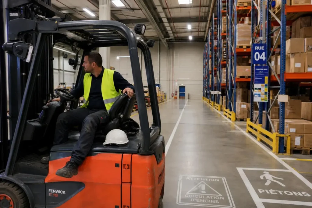 Opérateur sur chariot élévateur dans un entrepôt, portant gilet jaune, près des rayonnages et zones piétonnes, illustration des compétences professionnelles logistique.