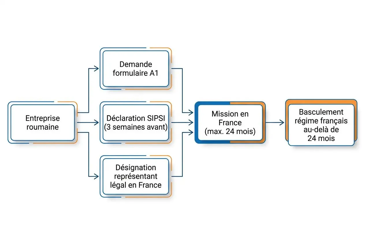 Processus d’embauche d’un travailleur roumain en France: demande A1, déclaration SIPSI, dépôt via DPAE, mission en France, puis basculement au régime français au-delà de 24 mois.