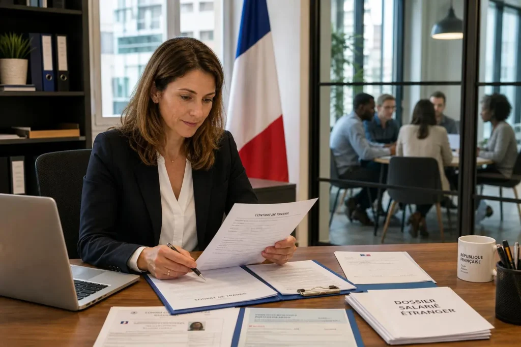 Professionnelle en costume signant un contrat et examinant des documents sur le bureau, avec drapeau français en arrière-plan. intégration des conditions pour embaucher un travailleur étranger.