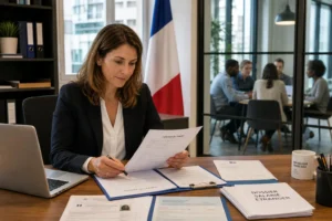 Professionnelle en costume signant un contrat et examinant des documents sur le bureau, avec drapeau français en arrière-plan. intégration des conditions pour embaucher un travailleur étranger.
