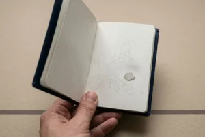 Alt text: Petite main tenant un carnet ouvert avec une carte gravée des pays européens sur la page.