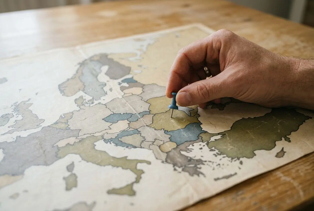 Carte géographique sur une table, main dessinant à la mines sur une région, lien avec le coût main d'œuvre roumaine.