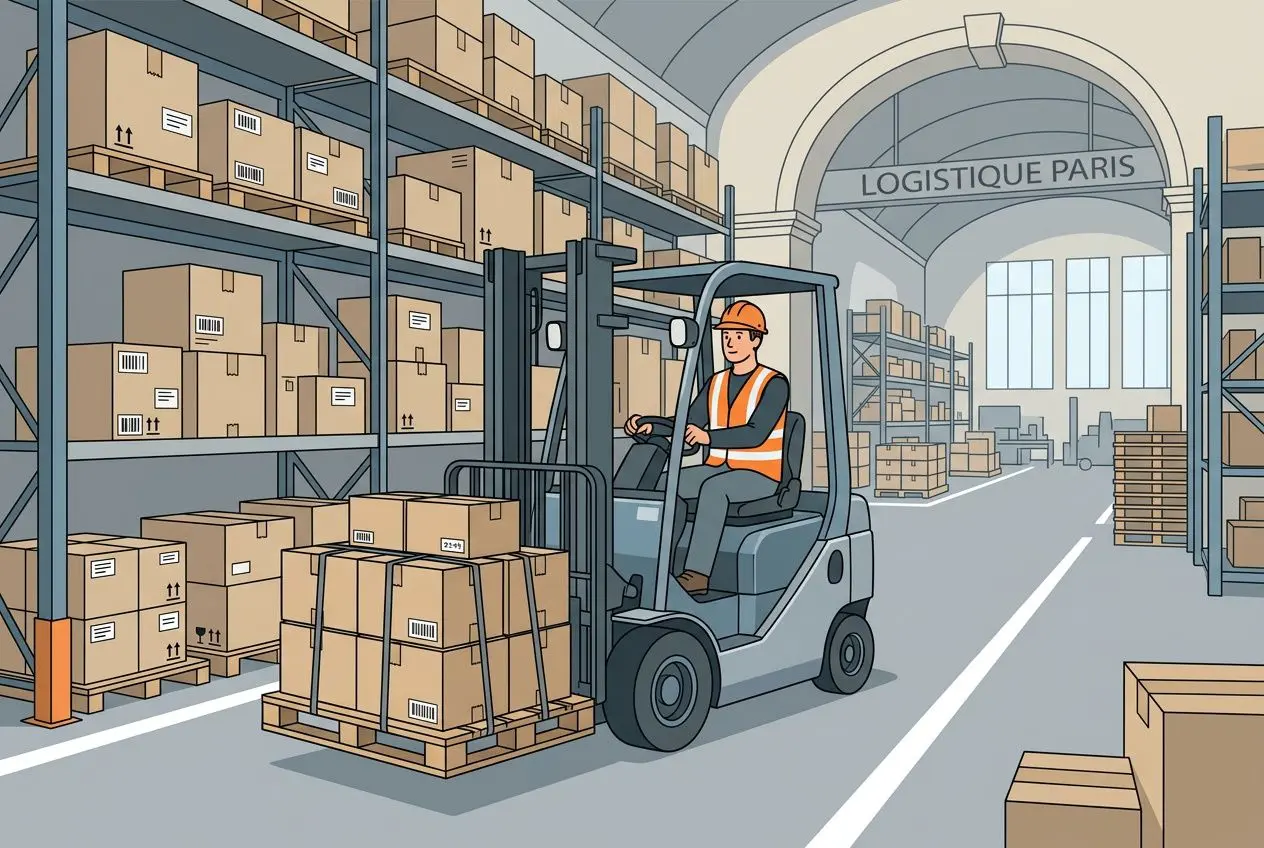 Chauffeur sur un chariot élévateur dans un entrepôt logistique parisien, racks remplis de colis et architecture en voûte “LOGISTIQUE PARIS” en arrière-plan. agence intérim logistique paris