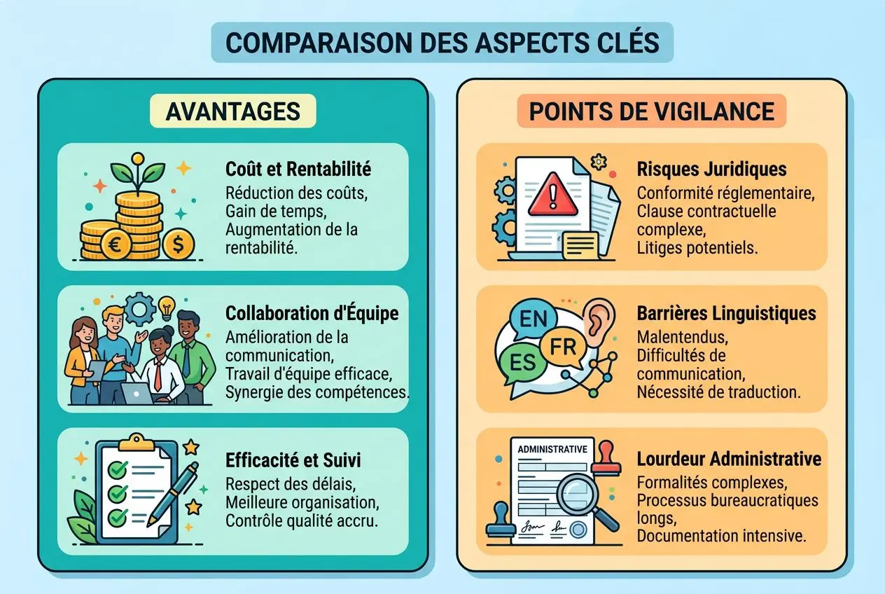 Comparaison des aspects clés sur les travailleurs détachés roumanie france, avec avantages et points de vigilance illustrés.