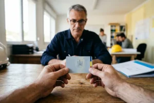 Deux mains échangent une carte d’identité ou badge devant un homme au bureau, ambiance administrative et dossier en cours. recrutement ouvriers roumains france.