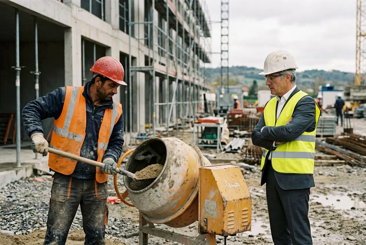 Deux ouvriers sur un chantier de construction: l’un mélange du béton avec une bétonnière, l’autre observe, tous deux en gilets jaune fluorescent et casques de sécurité. Détachement salarié privé évoqué.