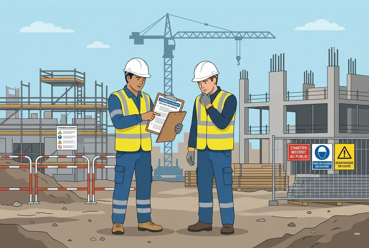 Deux ouvriers en sécurité sur un chantier, l’un tenant un dossier; cadre urbanisé avec grues et structures en construction. recrutement ouvriers roumains france est évoqué.